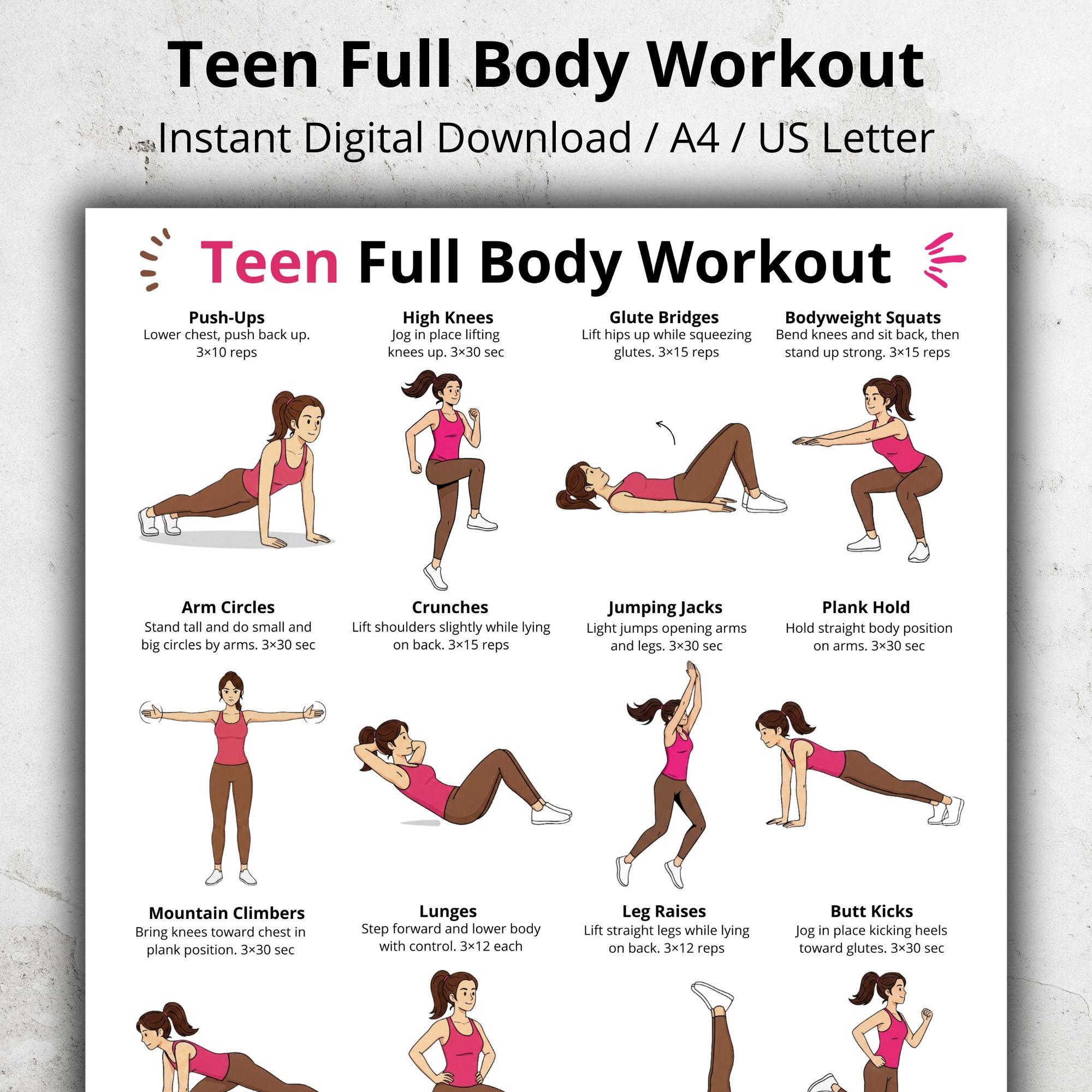 Teen Full Body Workout Printable, at Home Exercise Chart, Bodyweight ...