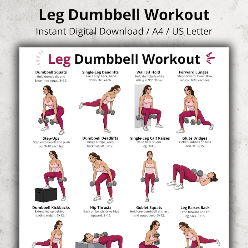 Leg Dumbbell Workout Poster, Leg Day Exercises Printable, Dumbbell Leg ...