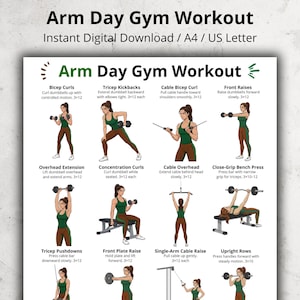 May include: A digital download workout guide titled "Arm Day Gym Workout" with illustrations of exercises. The guide includes instructions for bicep curls, tricep kickbacks, cable bicep curls, front raises, and more. The text is in black and green.