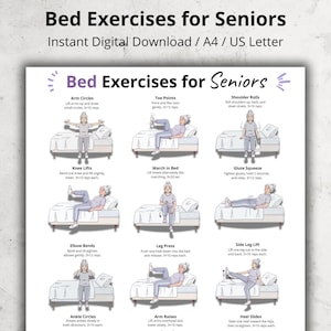 Bed Exercises for Seniors, Older Adults Gentle Full Body Stretch Workout in Bed Chart PDF, Low Impact Mobility Bed Home Exercises Poster