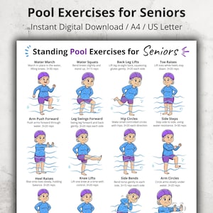May include: A printable guide titled "Pool Exercises for Seniors" with illustrations of various exercises. The exercises include water squats, leg swings, and arm circles. The guide is designed for instant digital download.