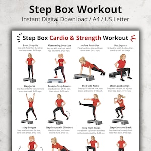 Pode incluir: Um download digital intitulado "Step Box Workout" com instruções para vários exercícios. O treino inclui step-ups, flexões, agachamentos, jacks e muito mais. Os exercícios são ilustrados com diagramas e contagens.