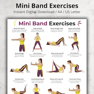 May include: A printable guide titled "Mini Band Exercises" with illustrations of various exercises. The exercises include Band Pull-Apart, Lateral Walk, Glute Bridge Hold, Squat with Band, Glute Bridge, Arm Circles, Side-Lying Leg Lift, Fire Hydrant, Donkey Kick, Standing Kickback, Plank with Leg Lift, and Front Arm Press.