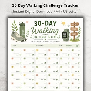 Può includere: Un tracker stampabile per una sfida di camminata di 30 giorni con una borraccia verde, una scarpa da ginnastica, un orologio fitness e un cartello in legno con le parole Focus, Energy e Health. La griglia include caselle numerate per i passi.