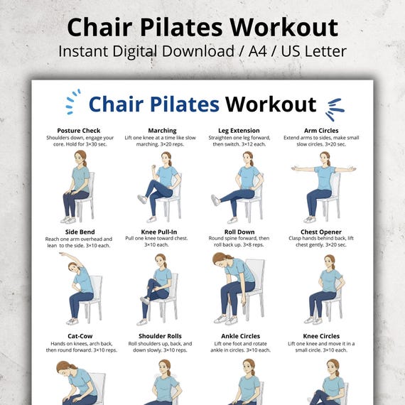 Chair Pilates Workout | Seated Exercise Chart for Home | Pilates on Chair Exercise Poster PDF | No Equipment Workout for Seniors & Beginners