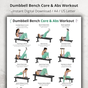 May include: A workout guide titled "Dumbbell Bench Core & Abs Workout" with illustrations of exercises. The guide includes exercises like bench crunches, flutter kicks, leg raises, and plank holds. The guide is available as an instant digital download.