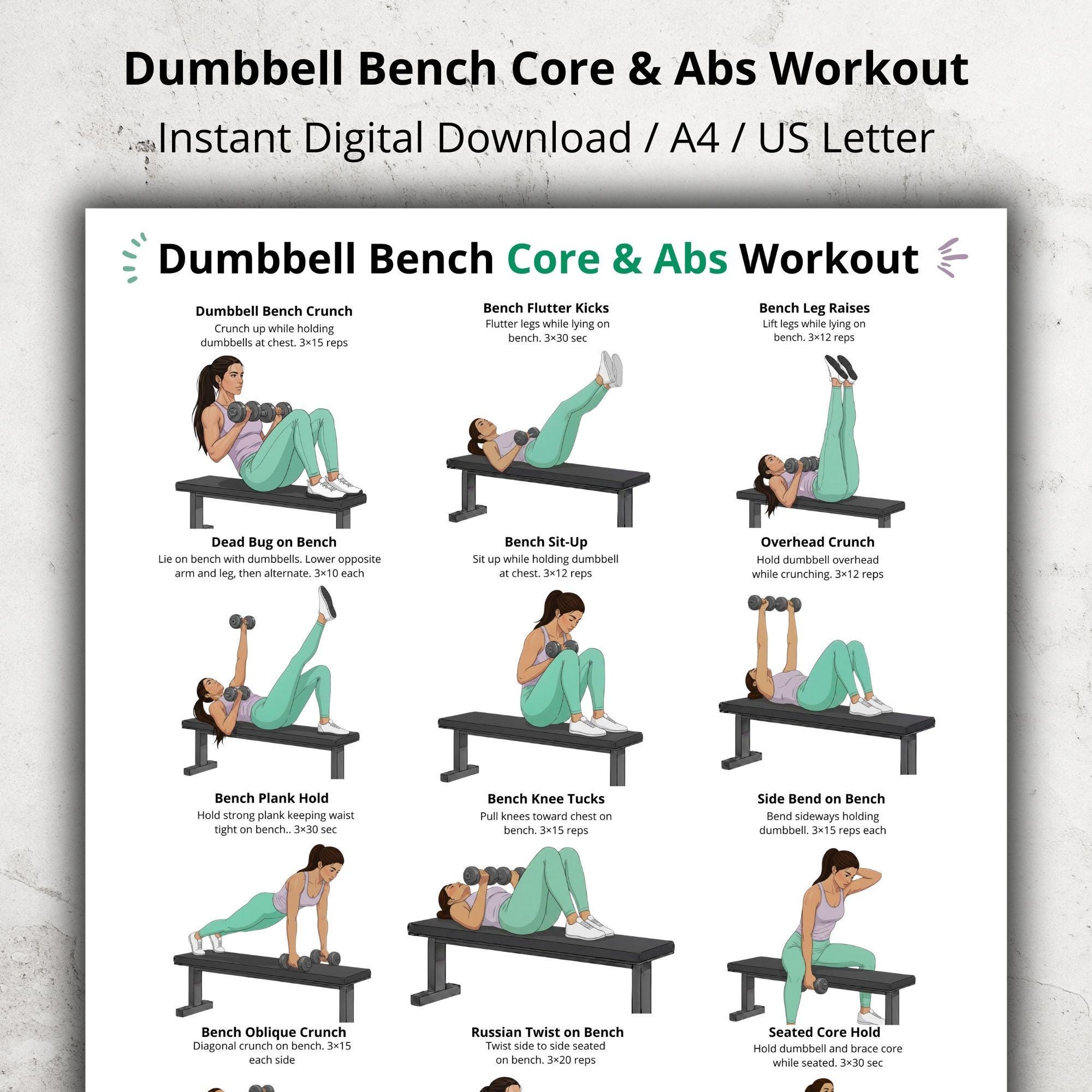 Dumbbell Bench Core and Abs Exercise Poster – Abdominal and Core ...