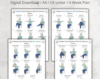 Chair Workout for Seniors, 4 Week Chair Exercise Chart Printable, Seated Workout Routine for Older Adults Poster,At Home Chair Exercises PDF