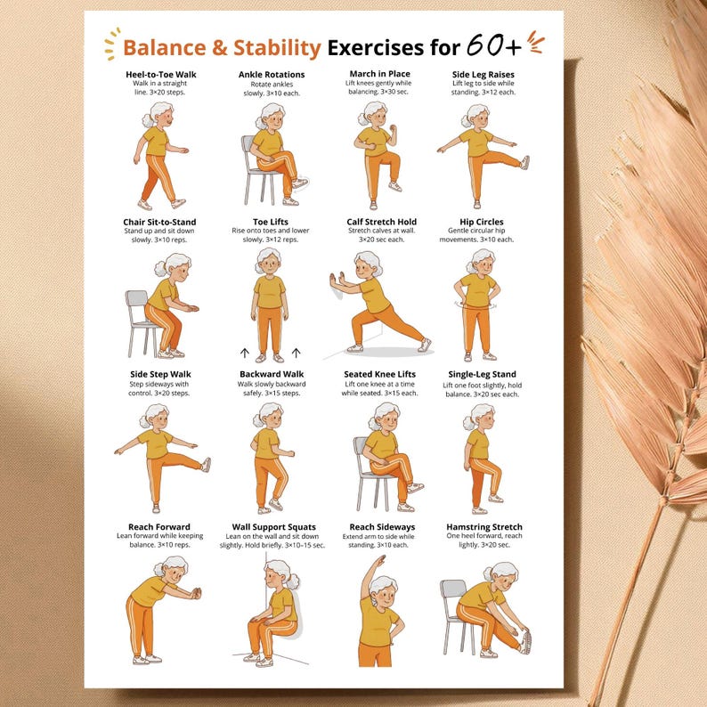 Balance & Stability Exercises for Seniors 60+ Poster, Chair Routine ...