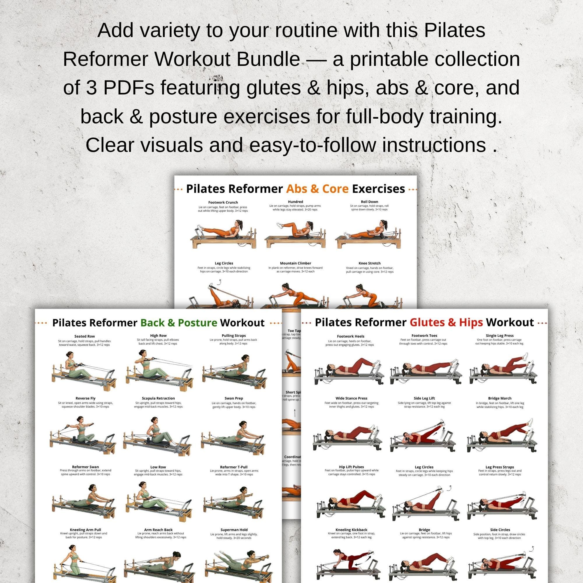 Pilates Reformer Workout Bundle Printable, Reformer Exercise Charts ...