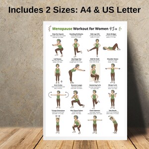 Puede incluir: Una impresi&oacute;n blanca con una gu&iacute;a de "Menopause Workout for Women 45+". La gu&iacute;a muestra ilustraciones de ejercicios como sentadillas, patadas y elevaciones de piernas. El texto "Includes 2 Sizes: A4 & US Letter" est&aacute; en la parte superior.