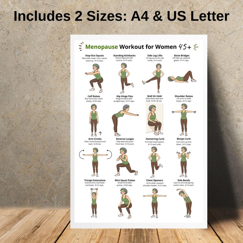 Puede incluir: Una impresi&oacute;n blanca con una gu&iacute;a de "Menopause Workout for Women 45+". La gu&iacute;a muestra ilustraciones de ejercicios como sentadillas, patadas y elevaciones de piernas. El texto "Includes 2 Sizes: A4 & US Letter" est&aacute; en la parte superior.