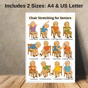 May include: A poster titled "Chair Stretching for Seniors" displays 12 illustrated exercises. Each exercise shows a senior citizen performing a seated stretch, with numbered labels and descriptions. The poster includes the text "Includes 2 Sizes: A4 & US Letter".