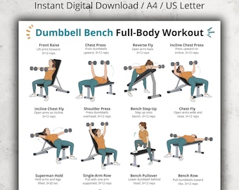 Dumbbell Bench Full Body Workout Printable, Upper Body Exercise Poster, Chest & Back Dumbbell Chart, Home Gym Arm and Shoulder Exercises