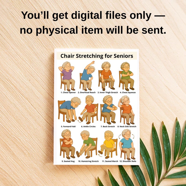 May include: A print titled "Chair Stretching for Seniors" with illustrations of exercises. The text at the top reads "You'll get digital files only &mdash; no physical item will be sent."