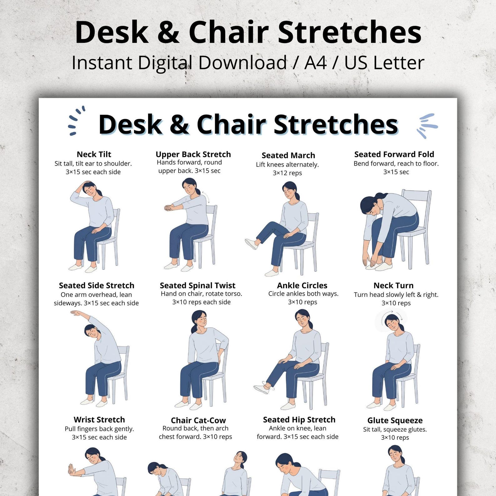 Desk & Chair Stretches Poster | Seated Stretching Exercises Chart