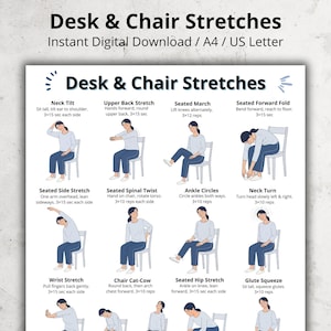 May include: A printable guide titled "Desk & Chair Stretches" with illustrations of various exercises. The exercises include neck tilts, back stretches, and ankle circles. The guide is designed for instant digital download and is available in A4 and US Letter sizes.
