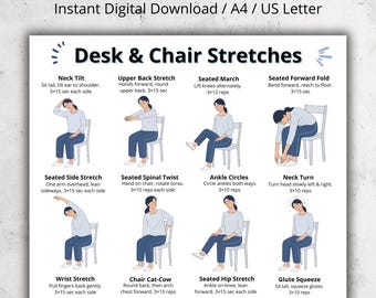 Póster de estiramientos en escritorio y silla / Tabla de ejercicios de estiramiento sentado / Ejercicios de postura para principiantes en casa y oficina (imprimible, descarga digital)