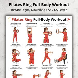 Könnte beinhalten: Digitaler Download eines Pilates Ring Full-Body Workout-Leitfadens. Das Bild zeigt Illustrationen von Übungen wie Ring Chest Press, Overhead Squeeze und Seated Leg Extension. Der Leitfaden ist in den Formaten A4 und US Letter verfügbar.