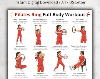 May include: Digital download of a Pilates Ring Full-Body Workout guide. The image features illustrations of various exercises, including Ring Chest Press, Overhead Squeeze, and Seated Leg Extension. The guide is available in A4 and US Letter sizes.