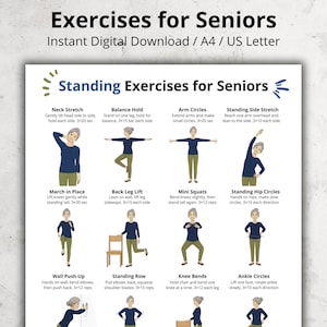 Standing Exercises for Seniors Printable | Gentle Balance Workout Chart | Low Impact Activity Poster | Senior Fitness PDF | Daily Routine