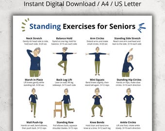 Standing Exercises for Seniors Printable | Gentle Balance Workout Chart | Low Impact Activity Poster | Senior Fitness PDF | Daily Routine