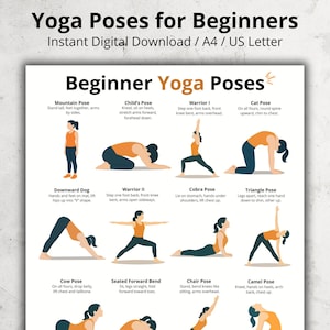 Puede incluir: Un póster imprimible titulado "Yoga Poses para Principiantes" con ilustraciones de varias posturas de yoga. El póster incluye posturas como la postura de la montaña, la postura del niño, Guerrero I y la postura del gato. Formato A4.