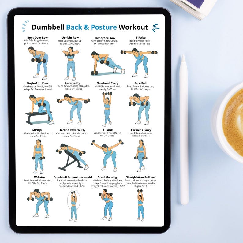 May include: A digital tablet displays a "Dumbbell Back & Posture Workout" guide. The blue and white graphic shows various exercises with dumbbells, including Bent-Over Row, T-Raise, and Farmer's Carry. A white stylus and a cup of coffee are visible.