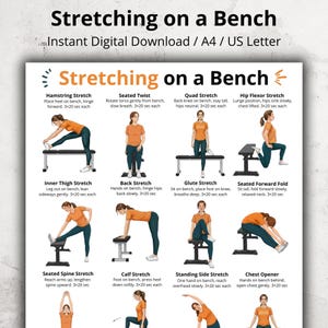 以下が含まれることがあります： 「Stretching on a Bench」というタイトルのデジタルダウンロードで、さまざまなストレッチのイラストが描かれています。画像には、ハムストリング、クワッド、股関節屈筋ストレッチなど、各ストレッチの手順と持続時間が含まれています。