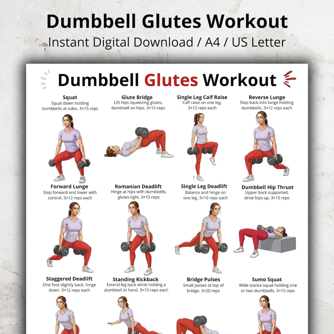 Dumbbell Glutes Workout PDF, Lower Body Dumbbell Exercises, at Home ...