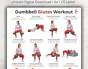 以下が含まれることがあります： 「Dumbbell Glutes Workout」と題されたワークアウトチャート。スクワット、ランジ、デッドリフトなどのエクササイズがイラストで示されています。各エクササイズはダンベルを使用して行われ、セット数と回数がテキストで示されています。