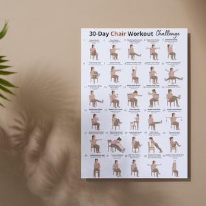 May include: A white poster with the text "30-Day Chair Workout Challenge" features 30 illustrated exercises. Each exercise is numbered and shows a person performing a seated exercise. The poster is on a beige wall.