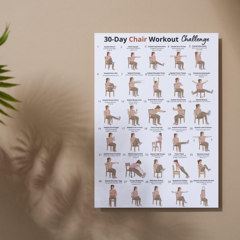 May include: A white poster with the text "30-Day Chair Workout Challenge" features 30 illustrated exercises. Each exercise is numbered and shows a person performing a seated exercise. The poster is on a beige wall.