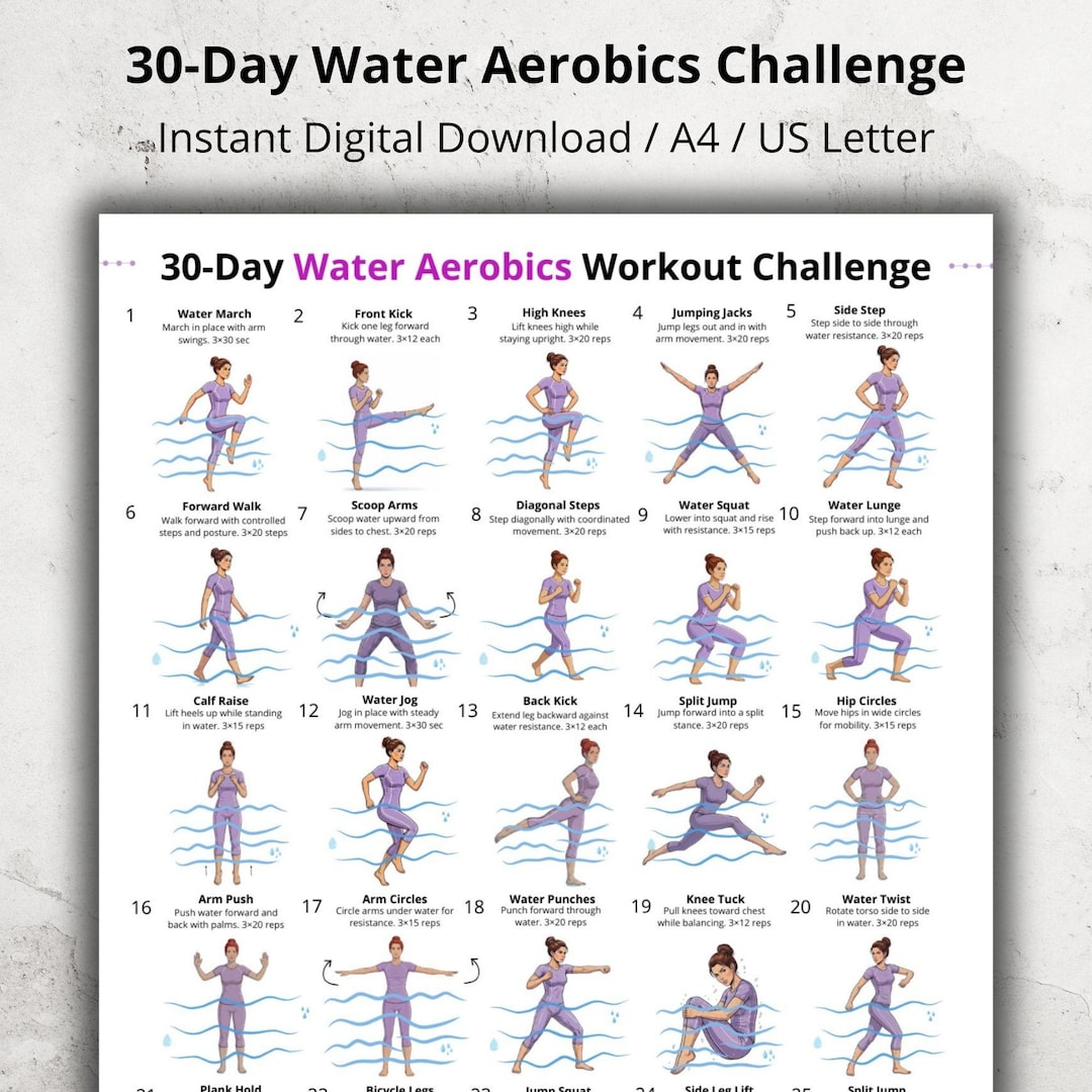 Water Yoga Routine Printable 30 Day Water Aerobics Workout Challenge Printable, Pool Workout Plan ...