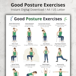 Good Posture Exercises Chart | Printable Back and Neck Workout Poster | Home Office Desk Stretches PDF Digital Download for Posture