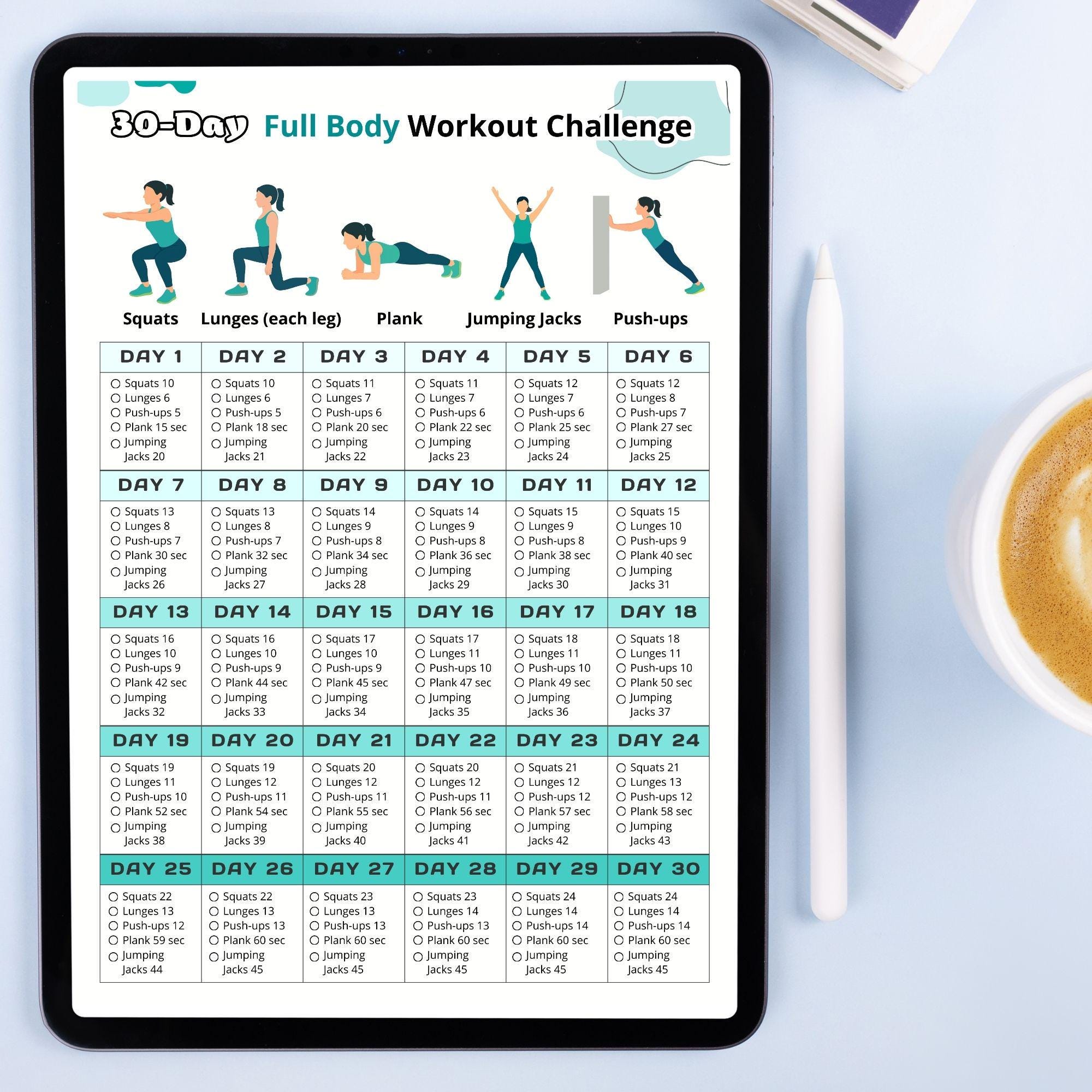 30 Day Full Body Workout Challenge – at Home Exercise Chart, No ...