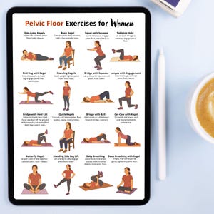 May include: A digital tablet displays a guide titled "Pelvic Floor Exercises for Women." The guide illustrates various exercises, including Side-Lying Kegels, Basic Kegel, and Squat with Squeeze, with accompanying illustrations of each exercise.