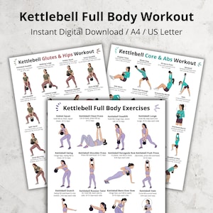 Può includere: Un download digitale con tre guide di allenamento: Kettlebell Glutei & Fianchi, Core & Addominali ed Esercizi per tutto il corpo. Ogni guida include esercizi illustrati con istruzioni. Il titolo recita "Kettlebell Full Body Workout."