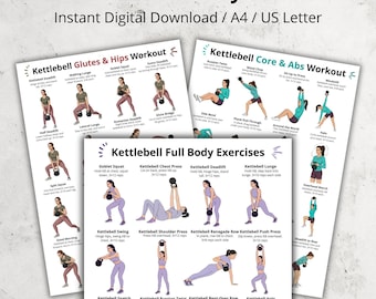 Kettlebell-trainingsset, Kettlebell-oefeningen voor het hele lichaam, buikspieren, billen, heupen, trainingsschema's, digitale pdf-kettlebell-posters voor thuisgebruik