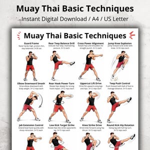 May include: A digital download poster titled "Muay Thai Basic Techniques" in A4 size. The poster features illustrated step-by-step instructions for various Muay Thai moves, including Guard Frame, Rear Teep, and Knee Strike.