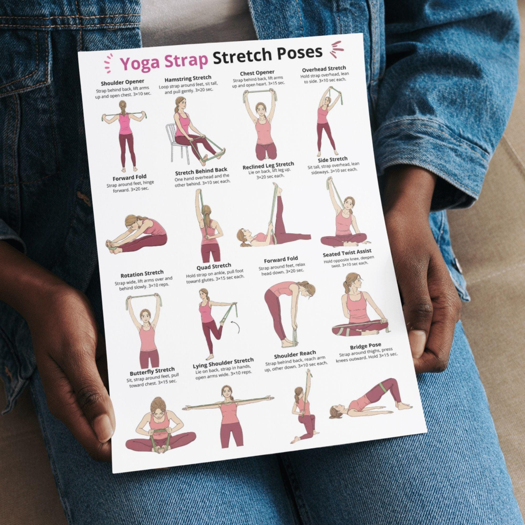 Stretch Poses Names Yoga Strap Stretch Poses Chart Printable, Yoga Prop Wall Art, Yoga ...