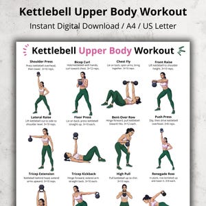 May include: A digital download titled "Kettlebell Upper Body Workout" with exercise illustrations. The exercises include shoulder press, bicep curl, chest fly, front raise, lateral raise, floor press, bent-over row, push press, tricep extension, tricep kickback, high pull, and renegade row.