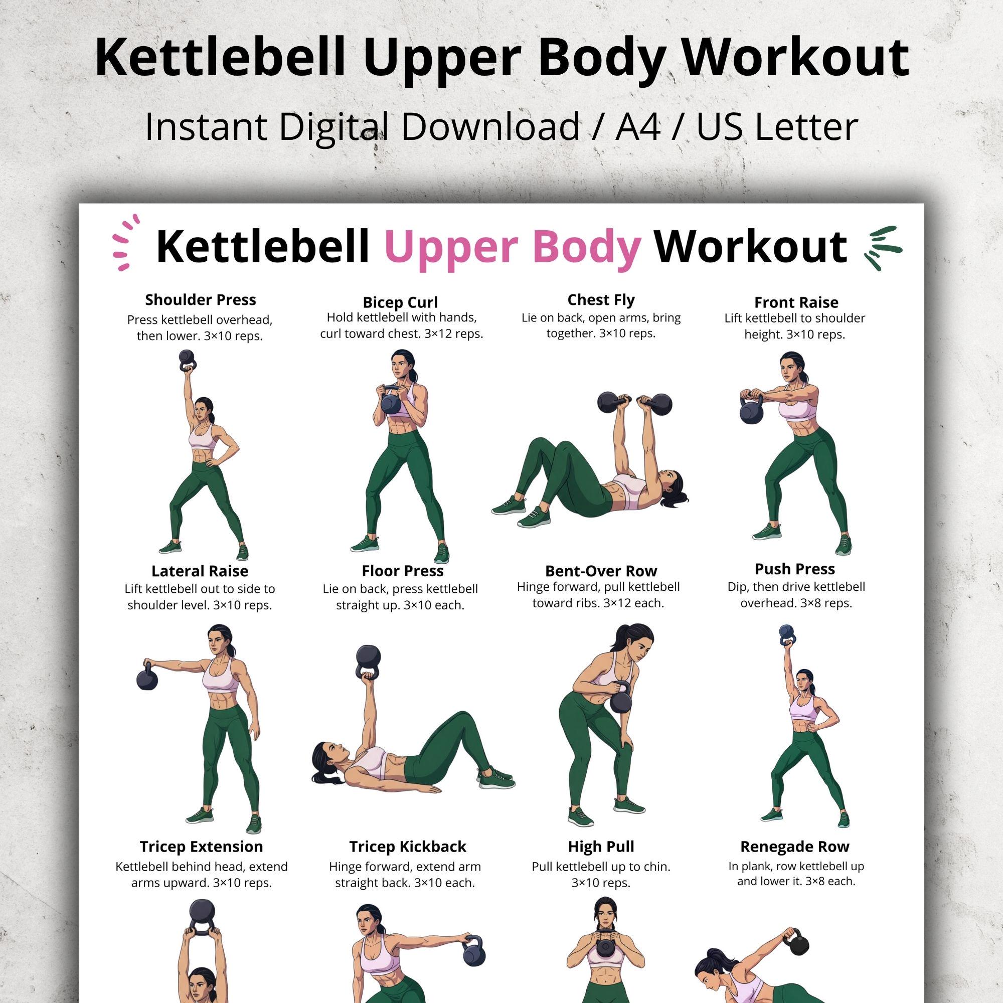 Kettlebell Upper Body Workout Chart, Printable Arm and Shoulder