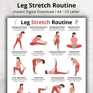 May include: A digital download titled "Leg Stretch Routine" with illustrations of various leg stretches. The routine includes exercises like Standing Calf Stretch, Seated Hamstring Stretch, and Kneeling Hip Flexor. The text indicates the duration for each exercise.