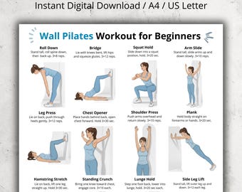 Wall Pilates Workout for Beginners, Full Body Pilates at Home, Standing Wall Exercises, Daily Pilates Exercises, Home Fitness PDF Poster