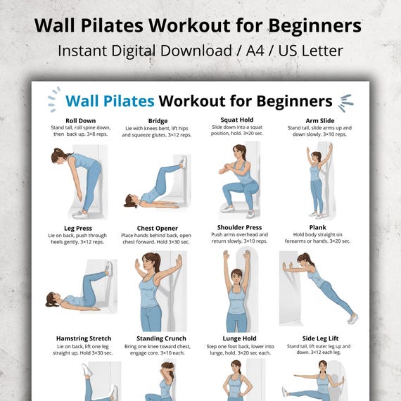 Wall Pilates Workout for Beginners, Full Body Pilates at Home, Standing Wall Exercises, Daily Pilates Exercises, Home Fitness PDF Poster
