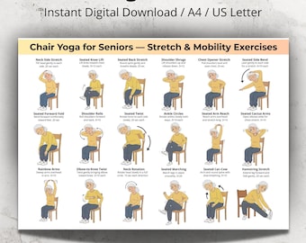 Chair Yoga for Seniors Poster, Seated Stretching & Mobility Exercises Chart, Gentle Chair Exercises for Older Adults,Printable for Beginners