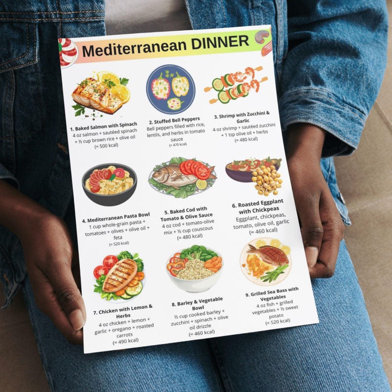 May include: A printed menu titled "Mediterranean Dinner" featuring illustrated dishes. The menu includes Baked Salmon, Stuffed Bell Peppers, Shrimp with Zucchini, Mediterranean Pasta Bowl, Baked Cod, Roasted Eggplant, Chicken with Lemon & Herbs, Barley & Vegetable Bowl, and Grilled Sea Bass.