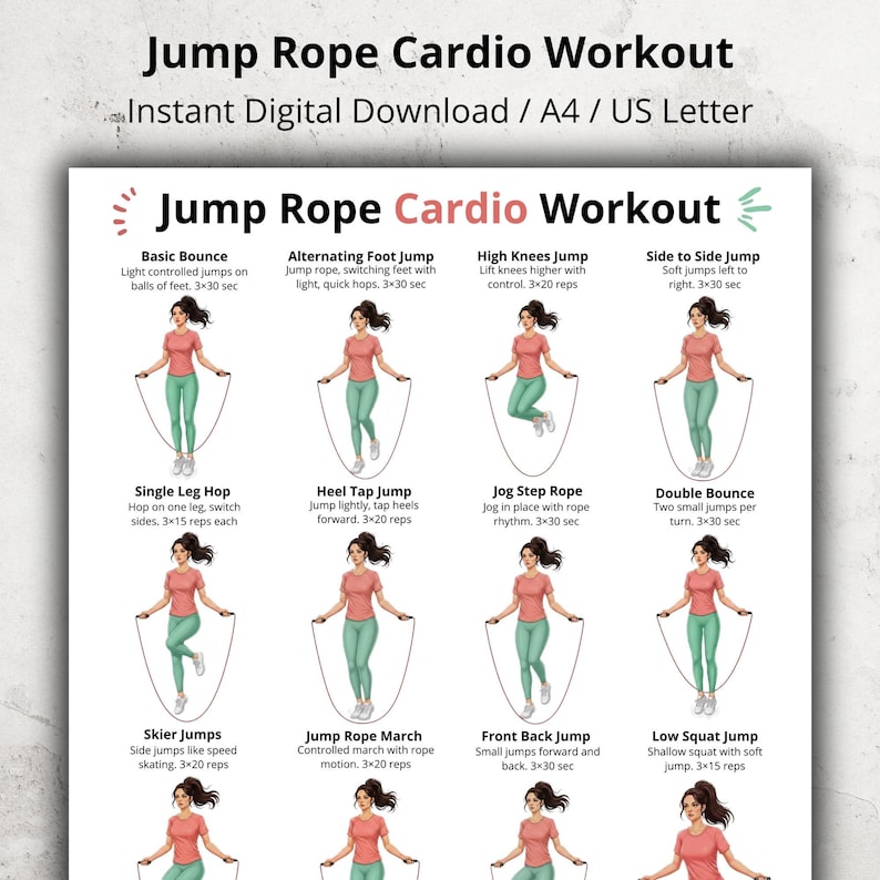 Jump Rope Pdf Jump Rope Cardio Workout, Jump Rope Exercises at Home Printable PDF ...