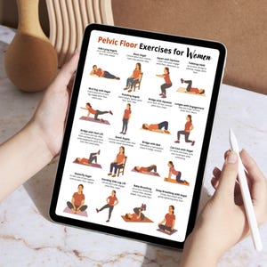 May include: A tablet displays "Pelvic Floor Exercises for Women" with illustrations of various exercises. The exercises include Side-Lying Kegels, Bird Dog with Kegel, and Bridge with Heel Lift. A white stylus is held near the tablet.